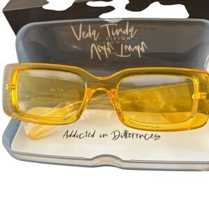 Veda Tinda Vision Sunglasses YELLOW Rectangle Lucite  Includes Case Cloth NIB